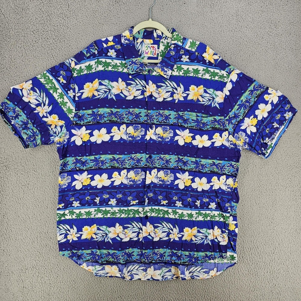 Vintage Jams World Shirt Mens 2XL Blue Floral Hawaiian Tropical Button Up USA